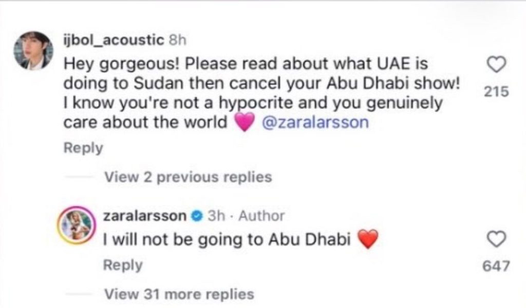 Zara Larsson Sudan Kommentar